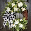 Artificial spring wreath with white flowers and black-striped bow for door decor - 45cm / Style 184