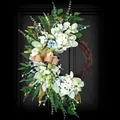 Handcrafted eucalyptus wreath with white flowers and burlap bow for spring door decor - 45cm / Style 186
