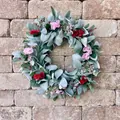 Handmade artificial flower wreath featuring pink roses and sage leaves on brick wall - 45cm / Style 182