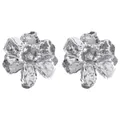 Detailed view of silver-tone hammered metal 3D flower earrings - Silver Hammered 3D Flower Earrings (Style 12)