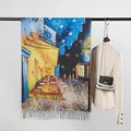 Winter-Pashmina-Schal mit Ölgemälde-Druck Caféterrasse am Abend und Fransen - Ölgemälde Haus Blau