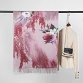 Elegant pink cashmere-like scarf with oil painting floral print and decorative tassels. - Floral Purple