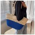 Stylish large capacity cotton rope woven beach bag with blue and beige color blocking - Klein Blue
