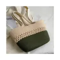 Detailed view of dual-tone cotton rope woven tote bag with wavy decorative pattern - Green