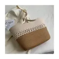 Handmade cotton rope woven beach tote bag with large capacity and stylish two-tone design - Khaki