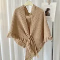 Elegant knitted triangular shawl with fringe and leather buckle in camel - Khaki
