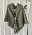 Premium sage green knitted triangle shawl scarf featuring fringe and leather buckle - Dark Green