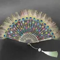 Elegant Chinese style peacock feather folding fan with colorful embroidery and sequins - Single Piece / Multicolor (Peacock Feather Embroidery Style)