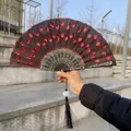 Elegant black folding fan with red sequin embroidery and long tassel detail. - Single Piece / Red (Sequin Embroidery Style)