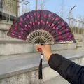 Elegant black folding fan featuring purple sequin embroidery and a decorative black tassel - Single Piece / Rose Red (Sequin Embroidery Style)