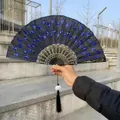 Elegant black folding fan featuring sparkling blue sequins and gold embroidered patterns - Single Piece / Royal Blue (Sequin Embroidery Style)