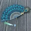 Exquisite Chinese peacock feather folding fan with teal sequins and silk tassel - Single Piece / Lake Blue (Butterfly Peacock Feather Style)