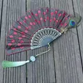 Elegant black folding fan with red sequin embroidery and peacock feather accent - Single Piece / Red (Butterfly Peacock Feather Style)