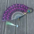 Elegant Chinese style folding fan with purple embroidery and authentic peacock feather detail - Single Piece / Rose Red (Butterfly Peacock Feather Style)