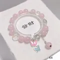 Forest style pink crystal beaded bracelet featuring butterfly charms and round beads - Double Butterfly Pink