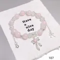 Forest-style pink crystal beaded bracelet with silver bow and heart charms for women - Heart Bow Pink