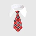Formal red and black plaid pet tie with adjustable white collar for cats and small dogs - Scottish Style Red Plaid