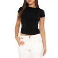 T-shirt nera aderente a maniche corte da donna, top casual a tinta unita scollo tondo - Taglia S / Nero