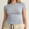 Grey slim-fit short-sleeved T-shirt with a classic crew neck for women's daily wear - XS / Tops / Heather Grey