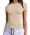 Women's slim fit beige short sleeve crew neck t-shirt soft stretch casual base top - XS / Tops / Apricot