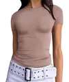 Women's minimalist slim fit short sleeve crew neck T-shirt in dusty rose pink hue - XS / Tops / Camel