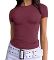 Women's slim fit burgundy short sleeve T-shirt in minimalist solid color style - XS / Tops / Burgundy
