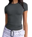 Elegant charcoal grey slim fit short sleeve t-shirt with a classic crew neck for women - XS / Tops / Dark Gray