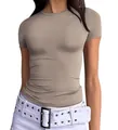 Slim fit short sleeve crew neck women's T-shirt in solid khaki color for casual wear - XS / Tops / Khaki
