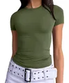 Slim fit short sleeve women's crew neck t-shirt in olive green for casual street style - XS / Tops / Army Green
