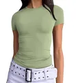 Elegant women's slim fit short sleeve crew neck T-shirt in soft sage green color - XS / Tops / Matcha Green