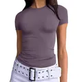Elegant women's slim fit short sleeve T-shirt in dusty purple for casual street wear - XS / Tops / Purple Black