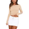 Slim fit beige long sleeve t-shirt for women in casual street style - S / Tops / Nude