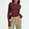 Slim fit burgundy long sleeve crew neck t-shirt for women in casual street style - XS / Tops / Long Sleeve / Burgundy