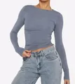 Elegant women's slim fit long sleeve crew neck t-shirt in sophisticated dusty blue color - XS / Tops / Slate Blue
