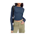 Slim fit long-sleeve navy blue crew neck T-shirt for women in casual street style - XS / Tops / Long Sleeve / Aqua