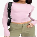 Slim fit light pink long-sleeve crew neck top for women casual streetwear fashionable style - XS / Tops / Pink