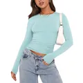 Chic slim fit mint green long-sleeve t-shirt with thumb holes for women streetwear style - XS / Tops / Lake Blue