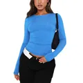 Bright blue slim fit long sleeve crew neck t-shirt for women in casual street style - S / Tops / Blue