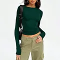 Slim fit dark green long sleeve crewneck top for women casual street style wear - XS / Tops / Dark Green