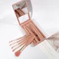 Kit de 5 pinceaux de maquillage pêche portable dans un étui avec miroir de courtoisie intégré - Vieux rose