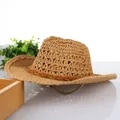 Natural woven straw cowboy hat for sun protection with decorative braided band - One Size / Khaki (80FMZ55A)