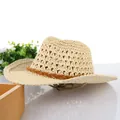 Hand-woven summer straw cowboy hat with hollow breathable design and decorative band - One Size / Beige (80FMZ55C)