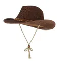 Brown woven straw cowboy hat with an adjustable chin strap and braided decorative band - One Size / Kids Style-Coffee (80FMZ54B)