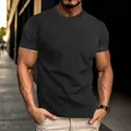 Detailed view of men's slim fit waffle texture short sleeve t-shirt in charcoal grey - Black