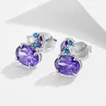 Luxury S925 sterling silver stud earrings featuring oval purple zircon and colorful gems - 925 Silver / White
