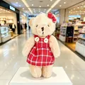 Adorable plush teddy bear keychain ornament wearing a cute red plaid dress and bow. - Female Bear (Red and White Plaid) / 11cm