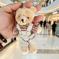 Mini plush teddy bear keychain wearing a plaid shirt and linen overalls accessory - Red and White Plaid Bowknot Male Bear / 11cm