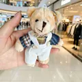 Plush teddy bear keychain wearing white burlap overalls and plaid shirt - Male Bear (Dark Blue Plaid) / 11cm
