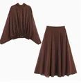 Elegant brown polka dot two-piece women's clothing set with long-sleeve top and skirt. - XS / Set / Brown