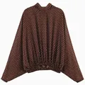Elegant brown polka dot blouse with high neck and elasticated bubble hem for women - XS / Tops / Brown